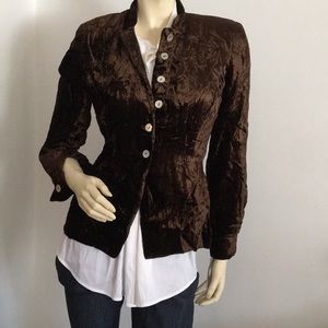 Petite brown velvet blazer jacket with mandarin collar and buttons